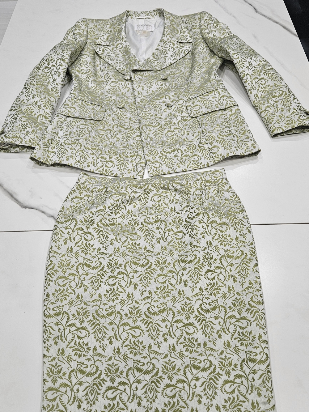 Vintage Escada Conture Olive Green and White Brocade Skirt Set Size 40